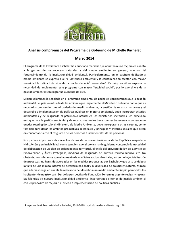 Análisis Compromisos del Programa de Gobierno de Michelle Bachelet en Material Medioambiental